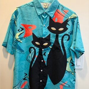 Vibrant Cat Print Turquoise Shirt